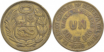 Перу 1 соль 1948 KM 222 латунь 118-1215