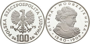 Польша 100 злотых 1975 MW, Хелена Моджеевская (1840-1909), в пластике KM 78, Parchimowicz 272 серебро PROOF 1097-1-43