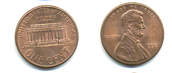 США 1 ЦЕНТ 1996 ЛИНКОЛЬН KM 201b цинк плакированный медью 86-326