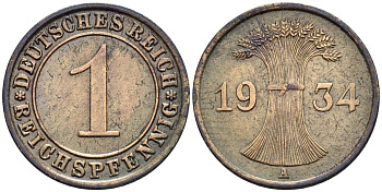 ГЕРМАНИЯ 1 РЕЙХСПФЕННИГ 1934 A KM 37, J. 313, Weege 2 бронза 4547-211