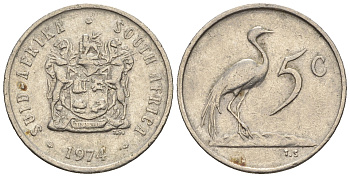 ЮАР 5 центов 1974 герб, райский журавль KM 84 никель 4609-343