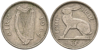 Ирландия 3 пенса 1964 заяц KM 12a медно-никель 4596-1069