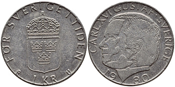 Швеция 1 крона 1980 Карл XVI Густав (1973- ) KM 852 медь плакированная медно-никелем 4397-951