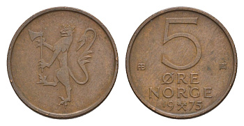 Норвегия 5 эре 1975 Улаф V (1957-1991) KM 415 бронза 4632-1262