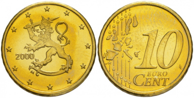 Финляндия 10 евроцентов 2000 из ролла KM 101 латунь UNC M26-11