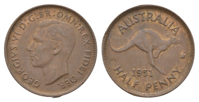 Австралия 1/2 пенни 1951 Георг VI (1936-1952), кенгуру KM 42 бронза 4671-442