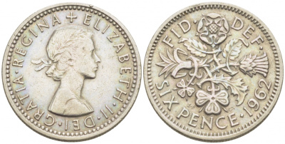 Великобритания 6 пенсов 1962 Елизавета II (1952-2022) KM 903, Spink 4149 медно-никель 3718-258