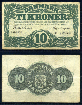 Дания 10 крон 1945 серия d Pick 37 d бумага 6301-44-2-1