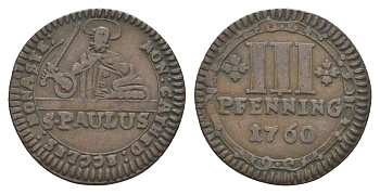 Мюнстер 3 пфеннига 1760 Монетный двор кафедрального капитула KM 431 медь 633-1634