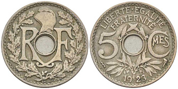 ФРАНЦИЯ 5 САНТИМОВ 1923 tb, ТИП ЛИНДАЙЁ, МОНЕТНЫЙ ДВОР ПУАССИ, МОЛНИЯ KM 875, LE FRANC 122.7 медно-никель 201-845