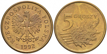 Польша 5 грошей 1992 MW KM 278 латунь UNC 112-812