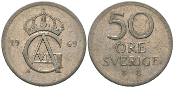 Швеция 50 эре 1969 U, Густав VI Адольф (1950-1973) KM 837 медно-никель 4621-336