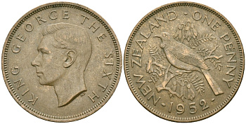 Новая Зеландия 1 пенни 1952 Птица Туи, Король Георг VI (1937 - 1952) KM 21 бронза 3457-142