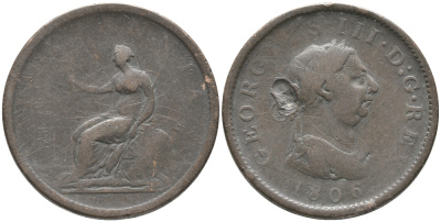 Великобритания 1 пенни 1806 Георг III (1760-1820) Spink 3780, KM 663 медь 32-346