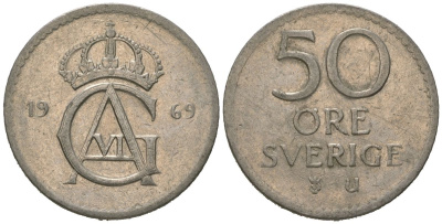 Швеция 50 эре 1969 U, Густав VI Адольф (1950-1973) KM 837 медно-никель 4621-336
