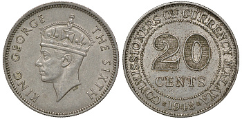 Британская Малайя 20 центов 1948 Георг VI (1937-1952) KM 9 медно-никель 4163-513