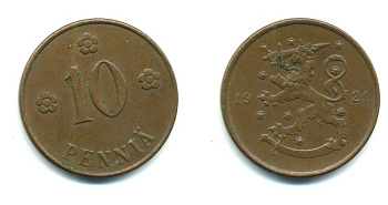 Финляндия 10 пенни 1921 республика (1918-1962) KM 24 медь 29-526