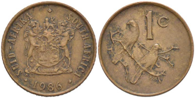 ЮАР 1 цент 1986 герб, капские воробьи KM 82 бронза 218-1155