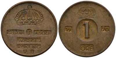 Швеция 1 эре 1970 Густав VI Адольф (1950-1973) KM 820 бронза 4154-738