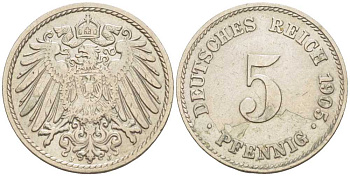 ГЕРМАНИЯ 5 ПФЕННИГОВ 1905 J KM 11, J. 12 медно-никель 105-114