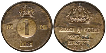 Швеция 1 эре 1961 TS, Густав VI Адольф (1950-1973) KM 820 бронза 201-1149