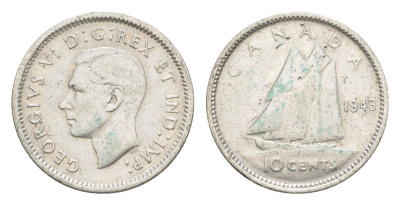 Канада 10 центов 1943 Георг VI (1936-1952), парусник KM 34 серебро 4639-545