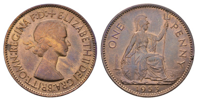 Великобритания 1 пенни 1953 Елизавета II (1952-2022), год-тип KM 883, Spink 4154 бронза aUNC 1531-1431