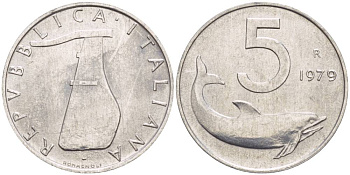 ИТАЛИЯ 5 ЛИР 1979 R, ДЕЛЬФИН, РУЛЬ KM 92 алюминий UNC 4551-135