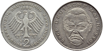 ФРГ 2 МАРКИ 1989 G, ЭРХАРД ЛЮДВИГ КМ 170 J.445 медно-никель плакированный никелем 80-641