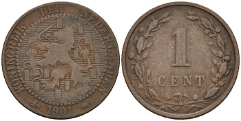 Нидерланды 1 цент 1901 Вильгельмина (1890-1948) KM 130 бронза 4576-644
