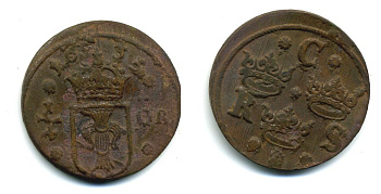 Швеция 1/4 эре 1635 Кристина (1632-1654), была в обращении на территории России KM 152.2 медь 53-912