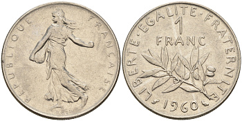 Франция 1 франк 1960 сеятель KM 925.1, LE FRANC 226.4 никель      4603-115