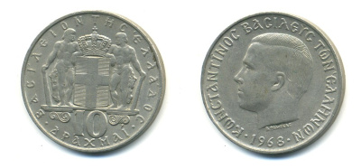 Греция 10 драхм 1968 Константин II (1964-1973) KM 96 медно-никель 80-122
