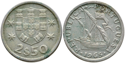 Португалия 2,5 эскудо 1965 парусник KM 590 медно-никель 4387-115