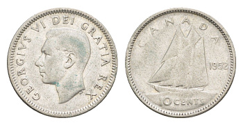 Канада 10 центов 1952 Георг VI (1936-1952), парусник KM 43 серебро 4639-559