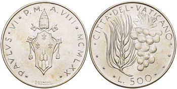 Ватикан 500 лир 1970 VIII год, Павел VI (1963-1978), пшеница и виноград KM 123 серебро  UNC  4512-745