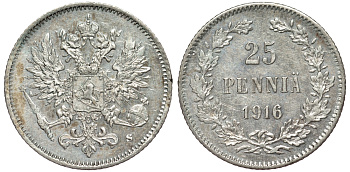 Россия для Финляндии 25 пенни 1916 S, Николай II (1894-1917) KM 6.2, Биткин 421 серебро 75-1333