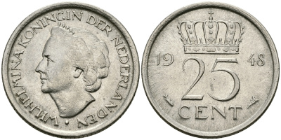 НИДЕРЛАНДЫ 25 ЦЕНТОВ 1948 ВИЛЬГЕЛЬМИНА KM 178 никель 176-848