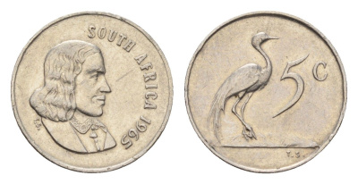 ЮАР 5 центов 1965 Ян ван Рибек (1619-1677), South Africa, легенда на англинском, райский журавль KM 67.1 никель 4669-1227
