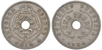 Британская Южная Родезия 1 пенни 1934 Георг V (1910-1936) KM 7 медно-никель 00-00