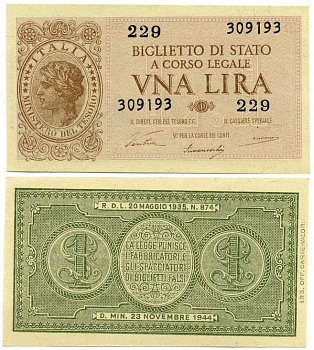 Италия 1 лира 1944 23 ноября 1944, подпись BoLaffi, CavalLaro, Giovinco Pick 29b, Grapanzano BS 8 бумага UNC (пресс) 7484-3-3-1