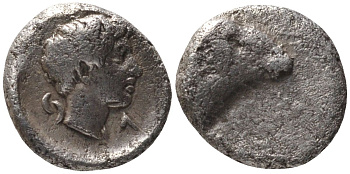 Древняя Греция, Кария, Галикарнас гемиобол 400 - 340 гг. до н.э. голова Аполлона / голова барана, 0,50 гр SNG Helsinki 873; SNG Kayhan 996 серебро 1073-9-51