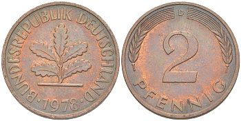 ФРГ 2 ПФЕННИГА 1978 D KM 106а, J. 381а сталь плакированная сталь плакированная медьюю 4181-827