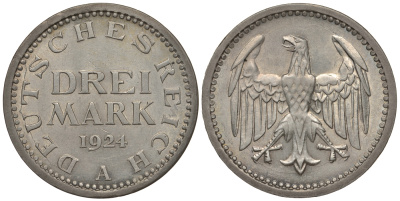 Германия 3 марки 1924 A, Веймарская Республика J. 312, KM 43 серебро  aUNC  02-227-32
