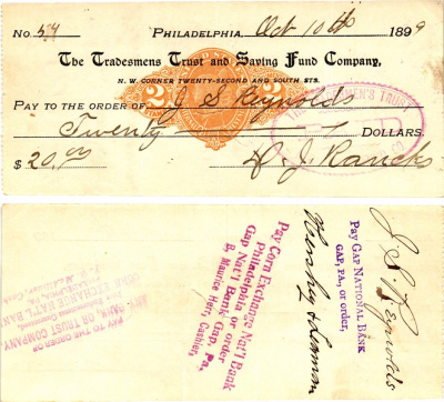 США чек на 20 долларов 1899 Филадельфия бумага 3295-9-1-1