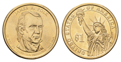США 1 доллар 2009 D, Президент США - Джеймс Нокс Полк (1845-1849) KM 452 медь с марганцево-латунным покрытием UNC 4624-455