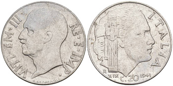 ИТАЛИЯ 20 ЧЕНТЕЗИМО 1941 R, ГОД XIX, ВИКТОР ЭММАНУИЛ III (1900-1946) KM 75b, VEM3. 1028 нержавеющая сталь 3853-737