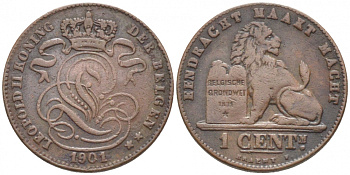 БЕЛЬГИЯ 1 САНТИМ 1901 BELGEN KM 34.1 медь 105-925