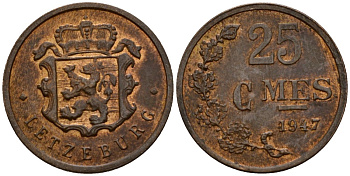 Люксембург 25 сантимов 1947 Шарлотта (1918-1964) KM 45 бронза 4532-628