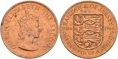 Джерси 1/12 шиллинга 1966 900 лет Нормандскому завоеванию KM 26 бронза UNC 4367-346